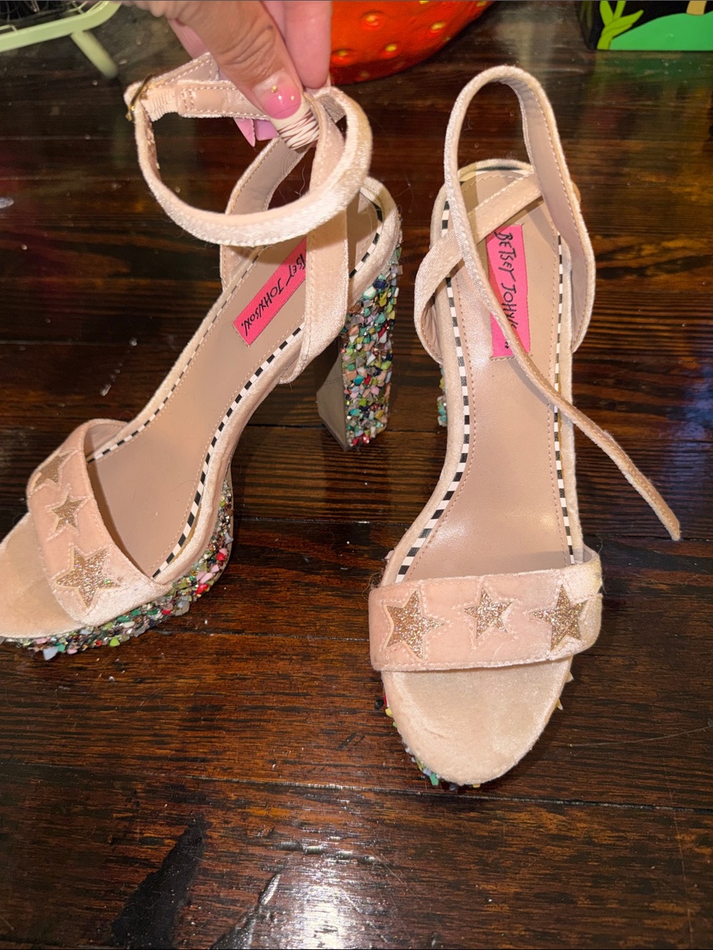 Betsey Johnson Nude Pink Star Chunky Heel Sandals
